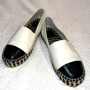 Tory Burch Colour Block Logo Platform Espadrilles Size 9m Black White Leather
